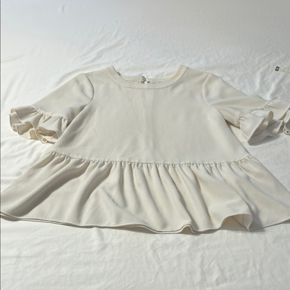 Kate Spade Cream Peplum Blouse with Puff Sleeves